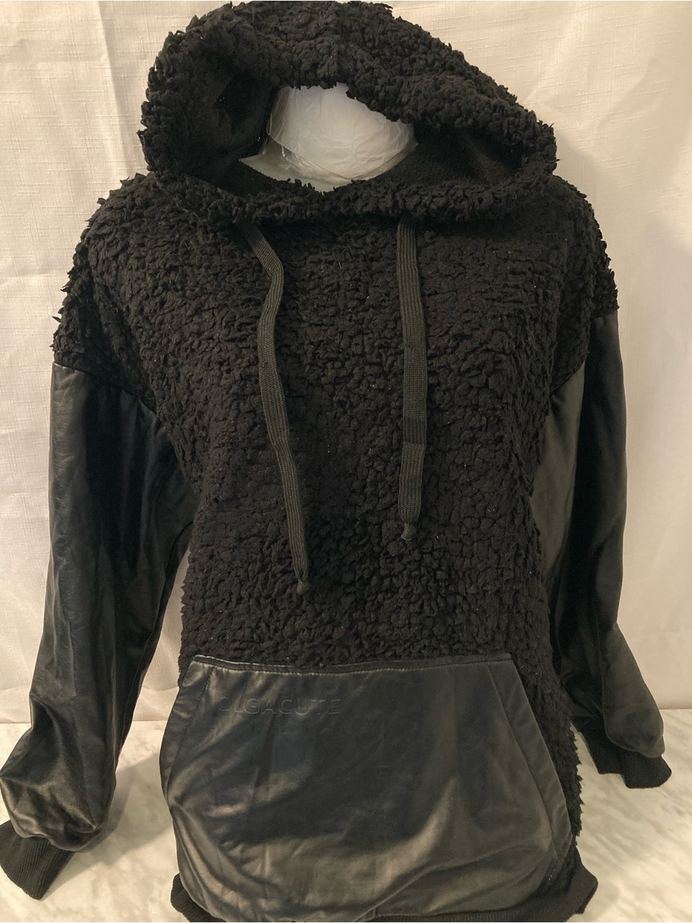 OLGA Design Black Sherpa Faux Leather Hoodie Jacket L